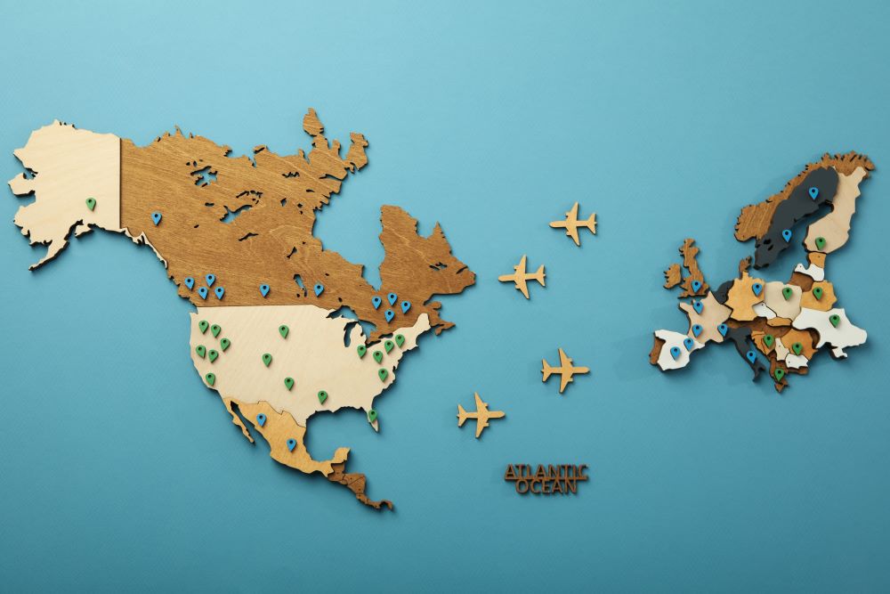 An artistic map showing planes flying to and from different countries